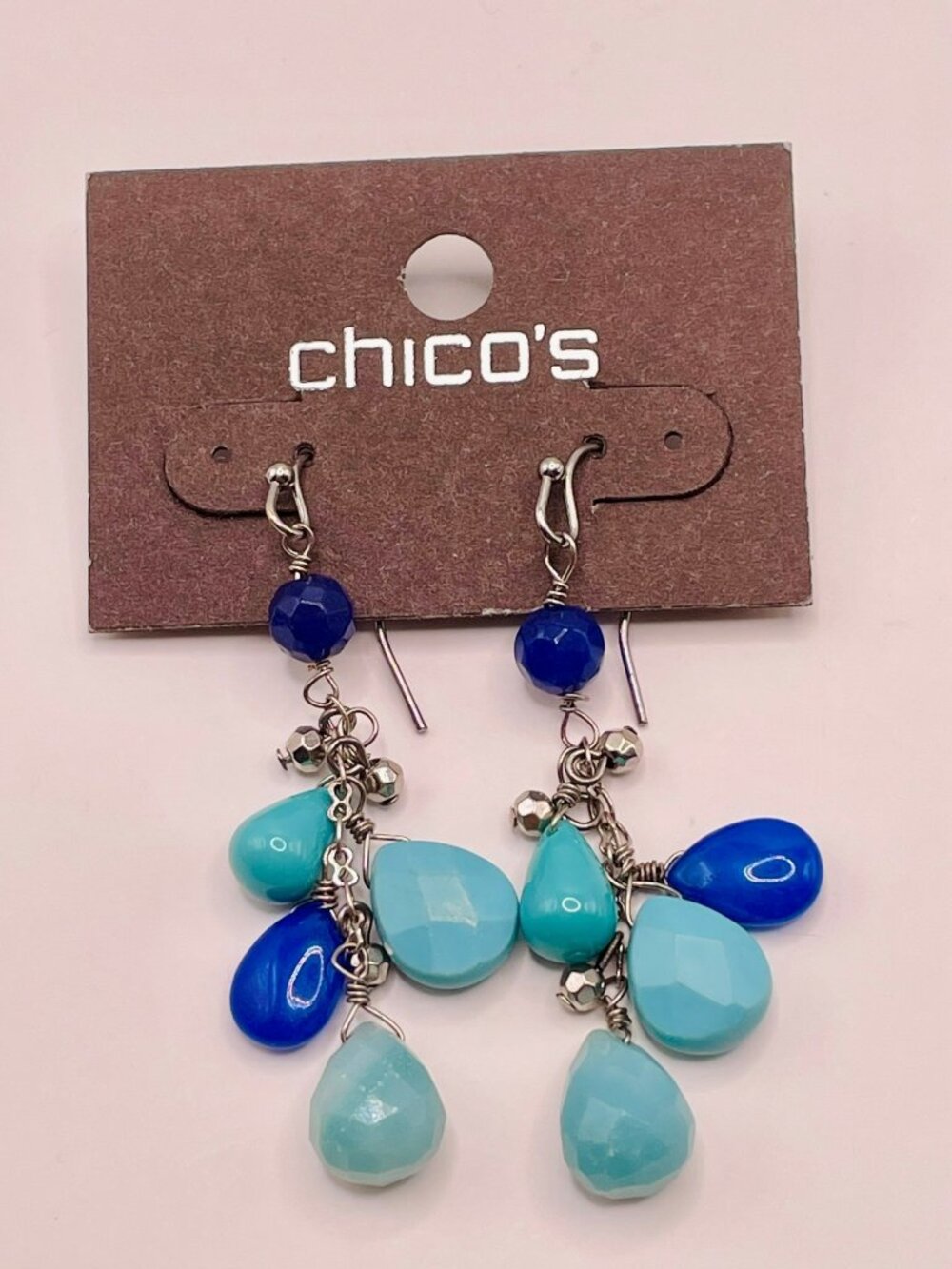 New With Tags Chico's Blue & Turquoise Beaded Teardrop Dangle Earrings -66B